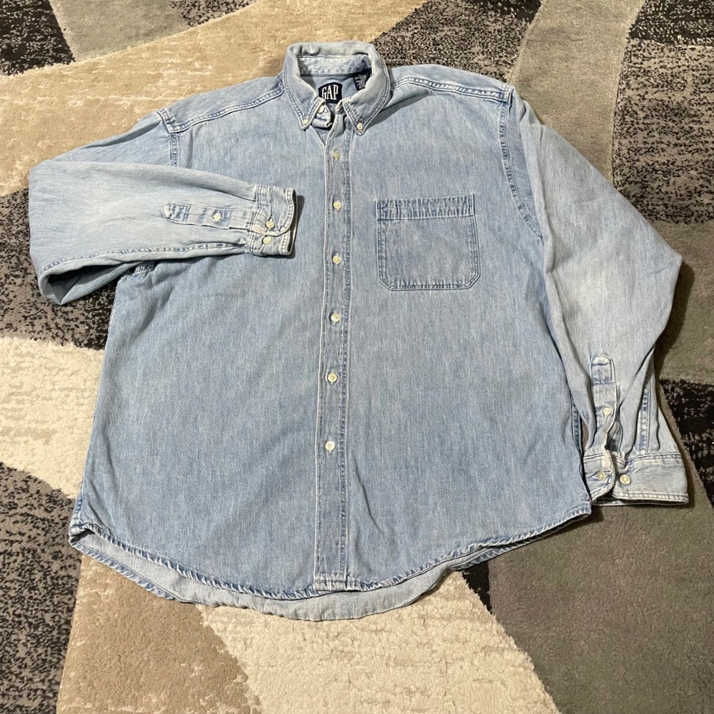 VTG Gap Denim Shirt Button Down Men XL Blue Distressed Pocket Cotton Made in USA - Picture 13 of 15